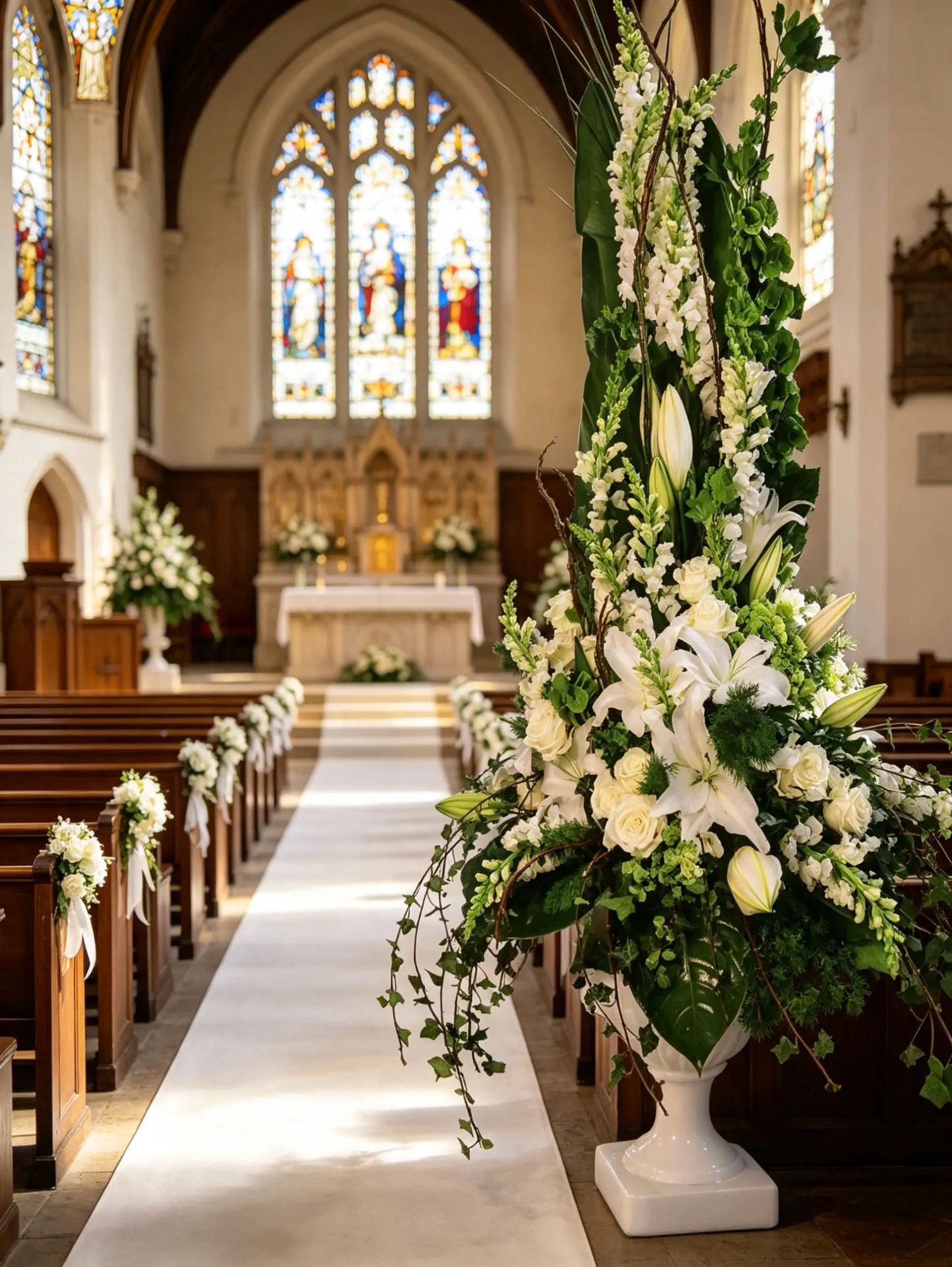 Kirchenschiff mit großer weiß-grüner Blumenstele und geschmückten Kirchenbänken