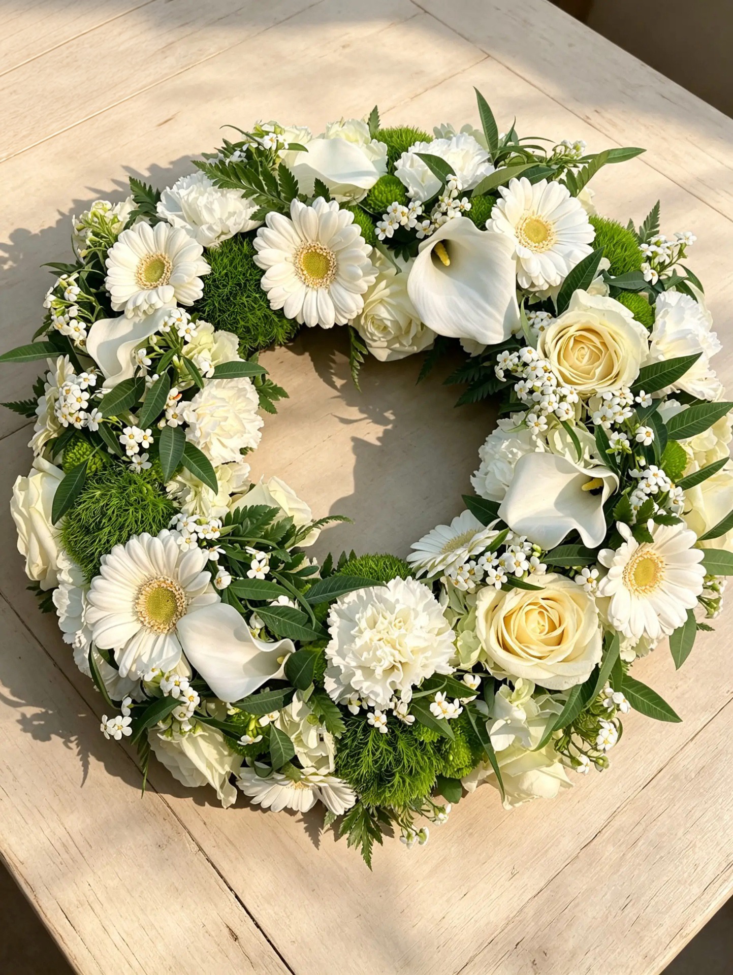 Weißer Trauerkranz mit Callas, Gerbera und frischem Grün