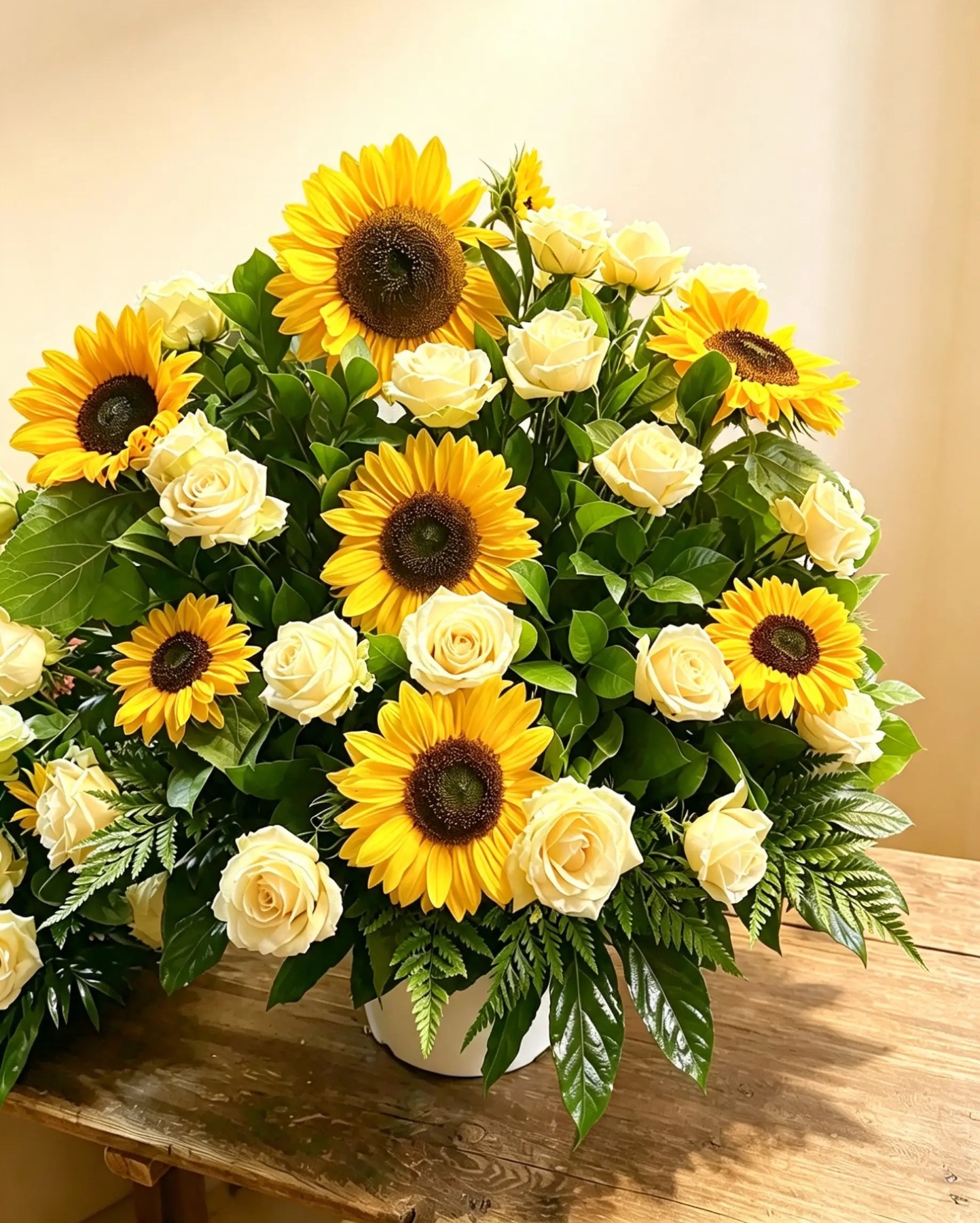 Kirchenschmuck aus Sonnenblumen und cremefarbenen Rosen