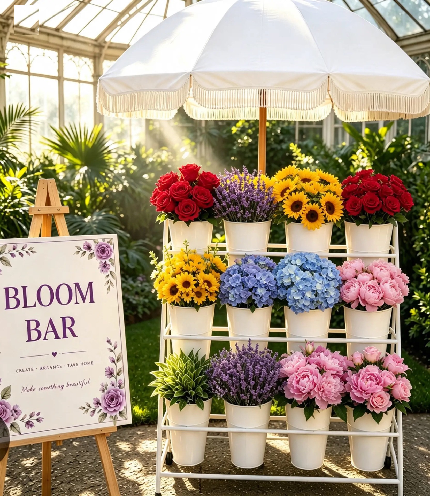 Blumenbar mit Sonnenschirm und Eimern voller Rosen, Lavendel, Sonnenblumen, Hortensien und Pfingstrosen