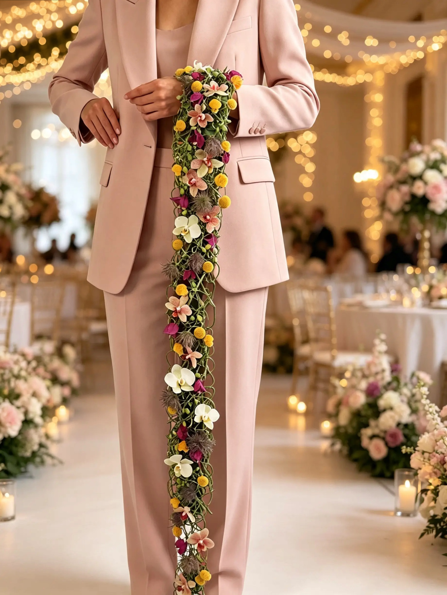 Außergewöhnlich langer floraler Brautschmuck in Gelb, Rosa und Creme