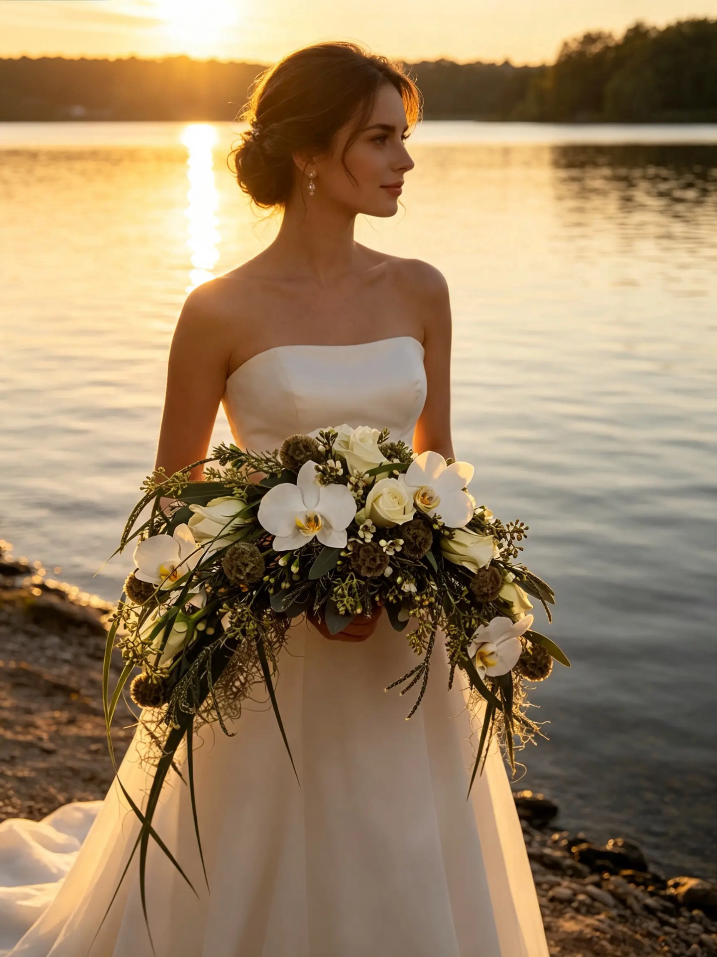 Braut am See mit großem natürlichem Orchideenstrauß in Creme und Grün
