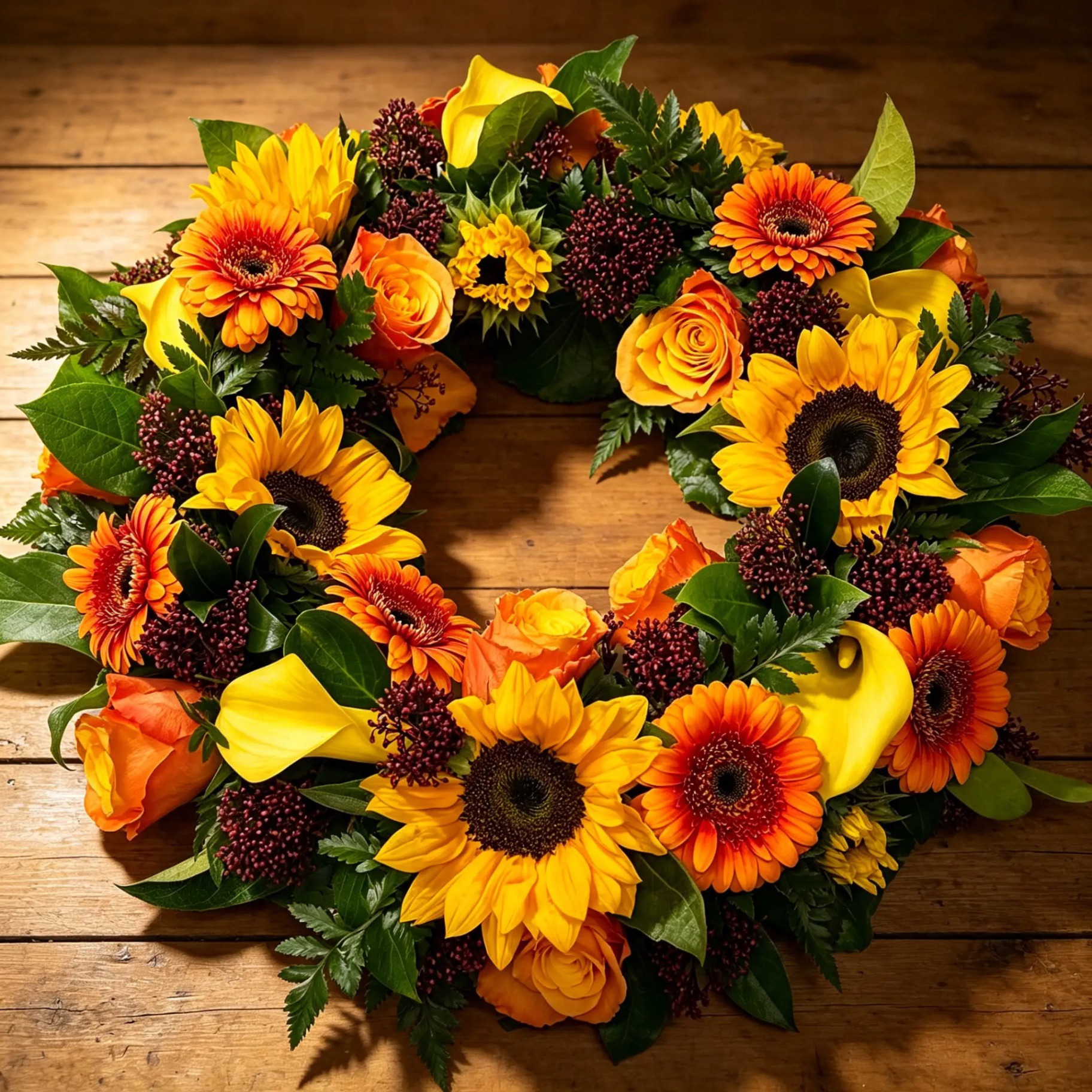 Herbstlicher Trauerkranz mit Sonnenblumen und Gerbera