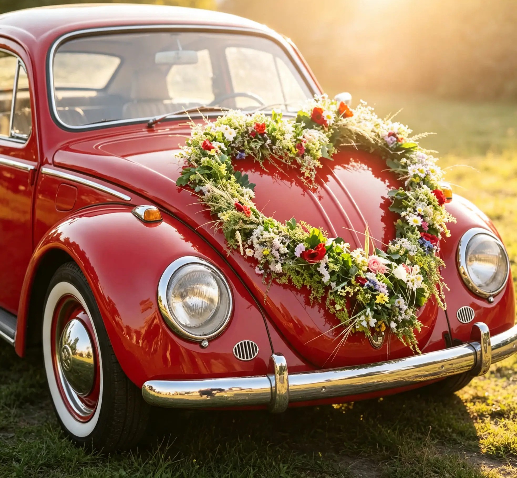 Blumenherz im Wiesenstil auf einem roten Oldtimer