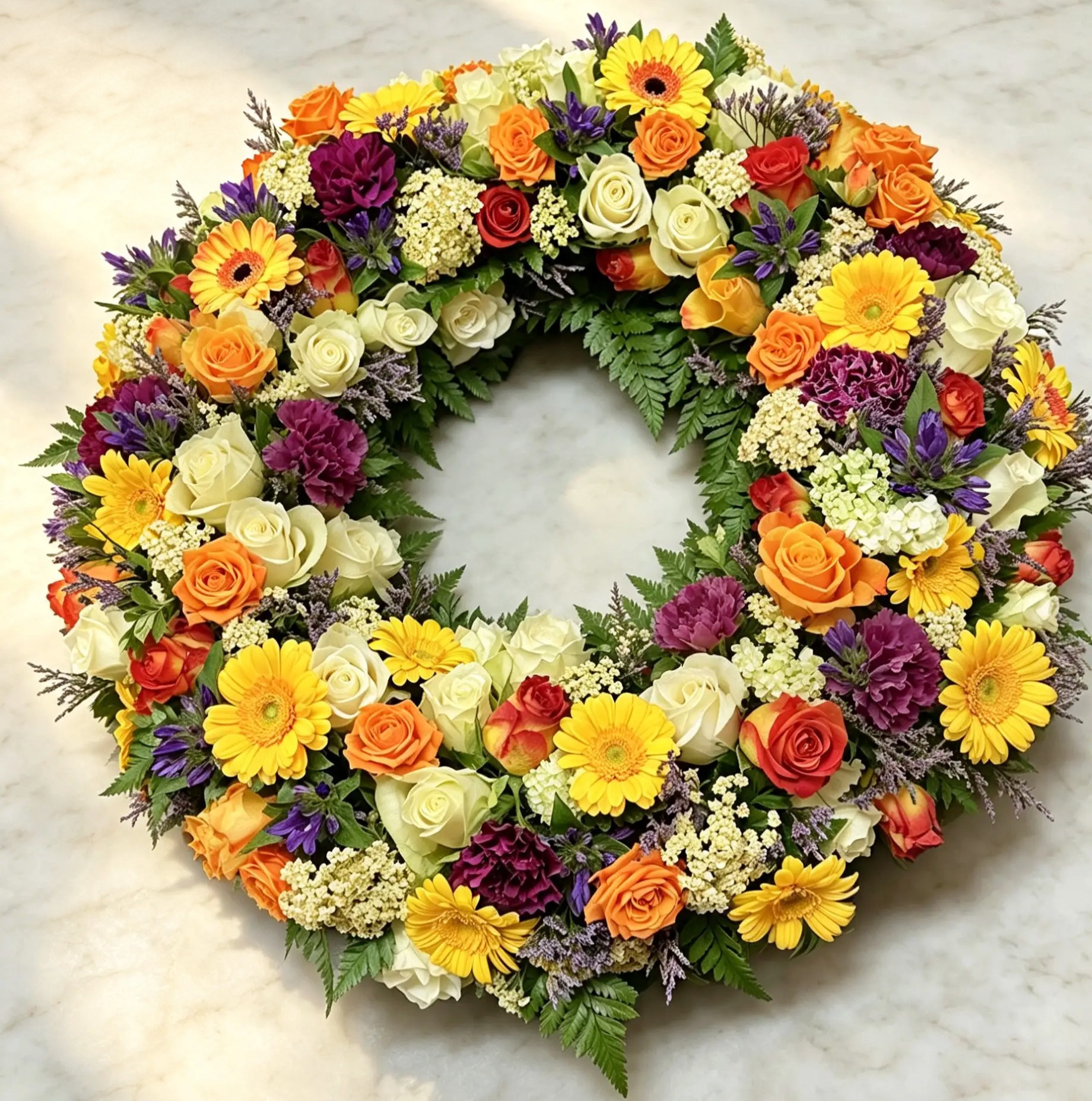 Bunter Trauerkranz mit Gerbera, Rosen und Nelken