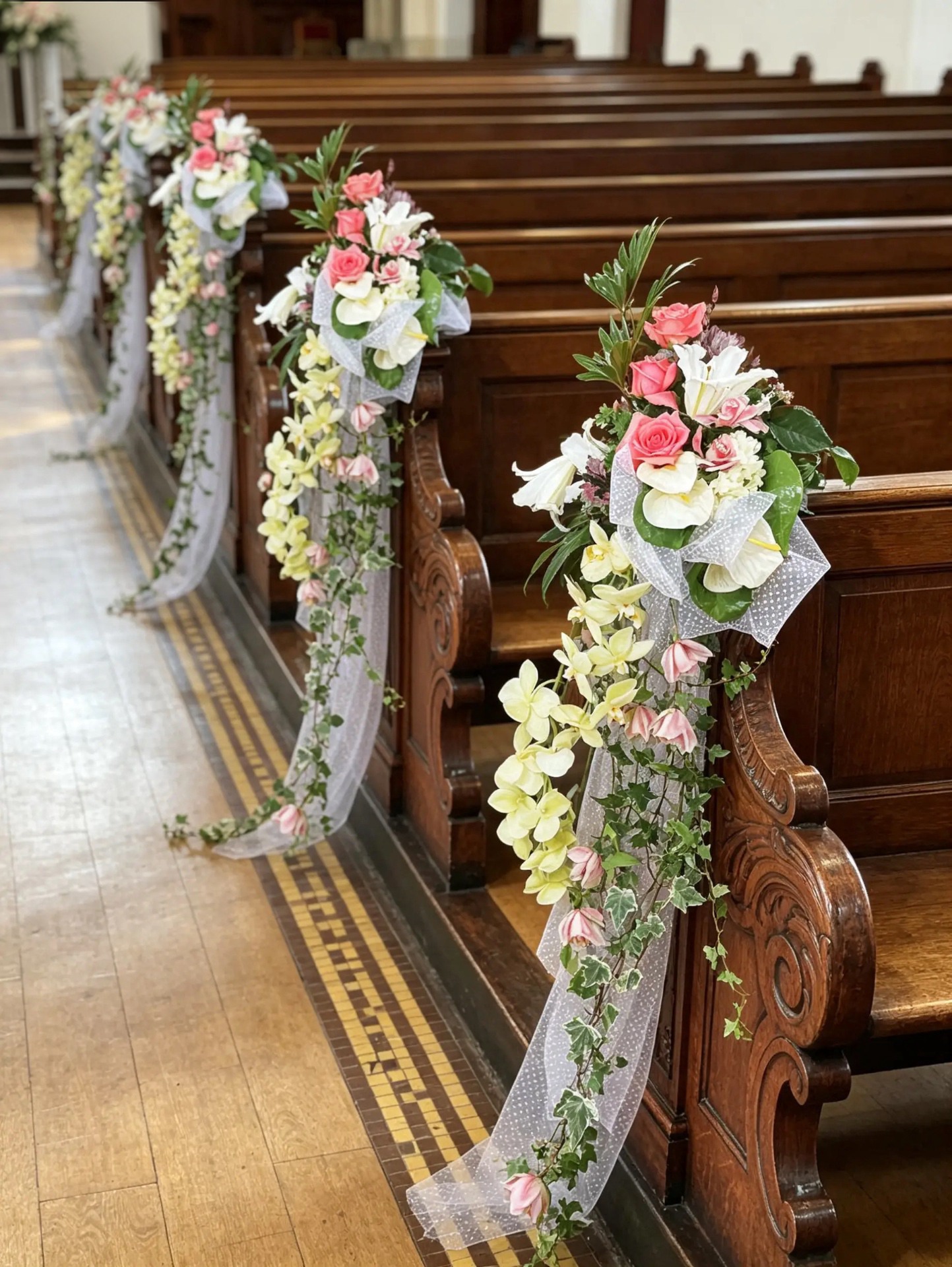 Festlich geschmückte Kirchenbänke mit rosa Rosen, weißen Blüten und langen Ranken