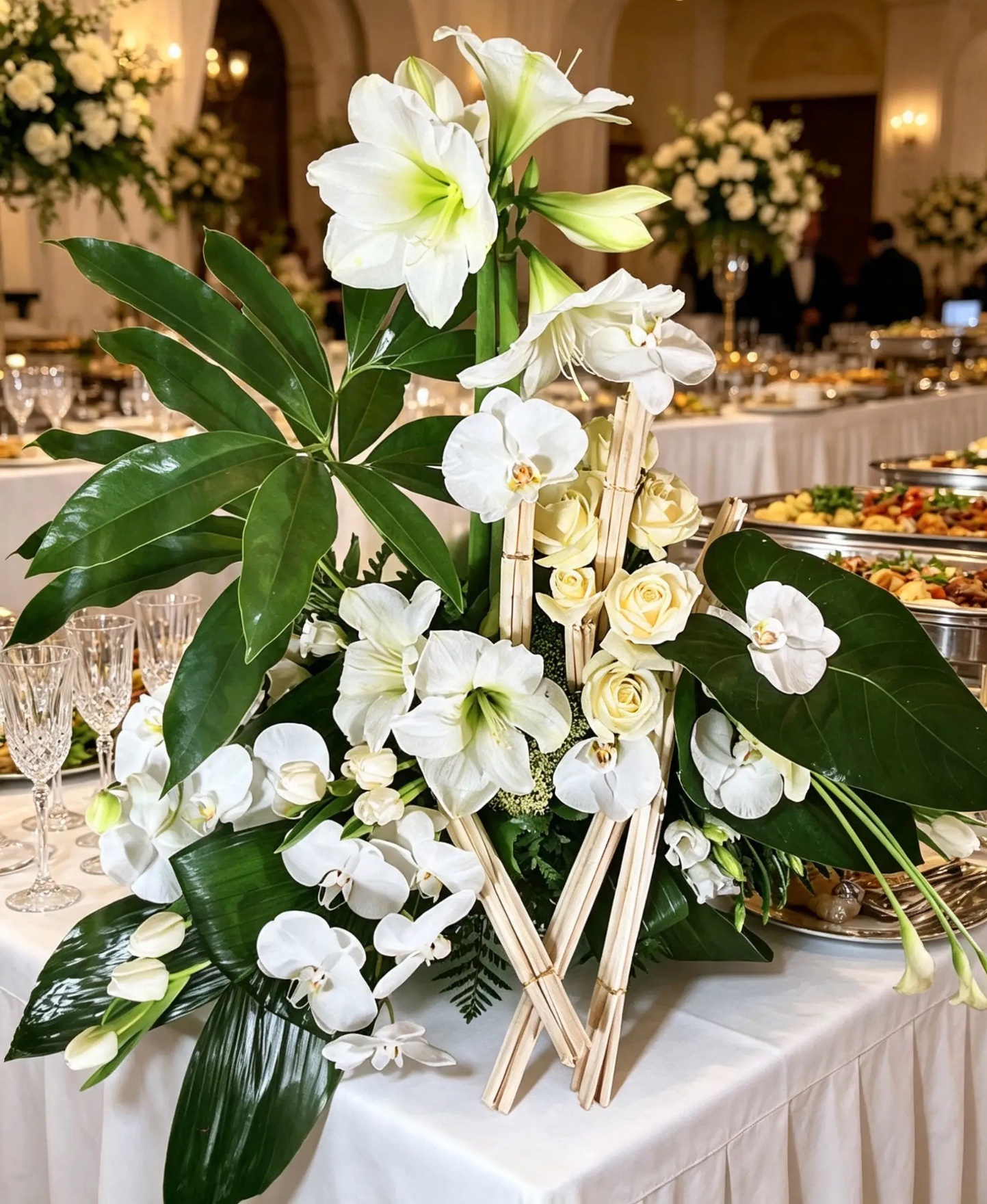 Großes weiß-grünes Buffetarrangement aus Amaryllis, Orchideen und tropischem Blattwerk