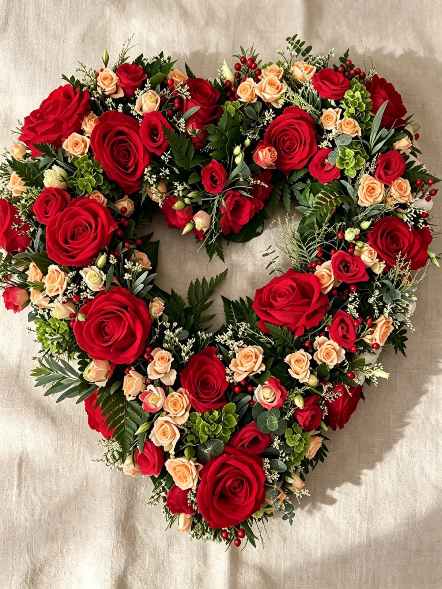 Offenes Herz aus roten Rosen mit apricotfarbenen Kleinrosen und Grün