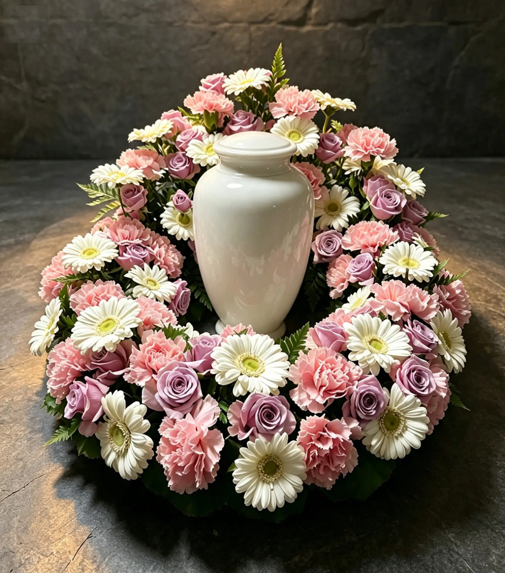Erhöhter Urnenkranz in Rosa, Weiß und Lila mit weißer Urne