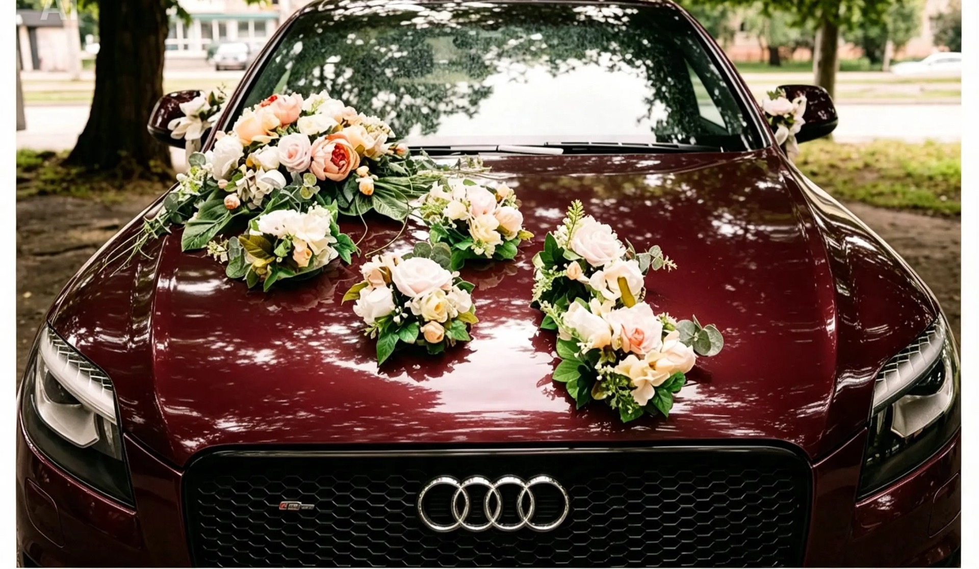 Verspielter Autoschmuck aus cremefarbenen und apricotfarbenen Blüten auf einem roten Wagen