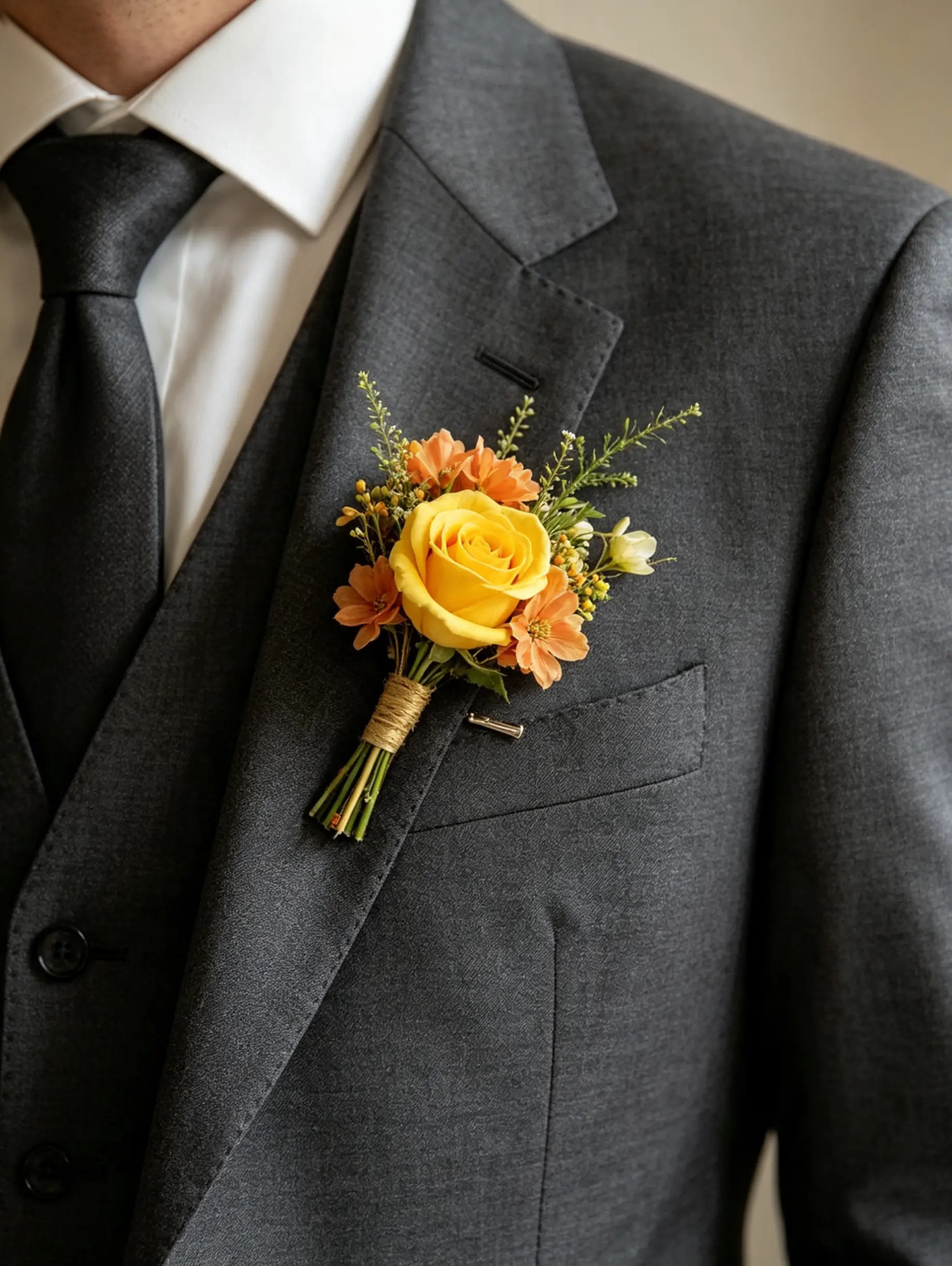 Bräutigam-Anstecker mit gelber Rose und orangefarbenen Blüten