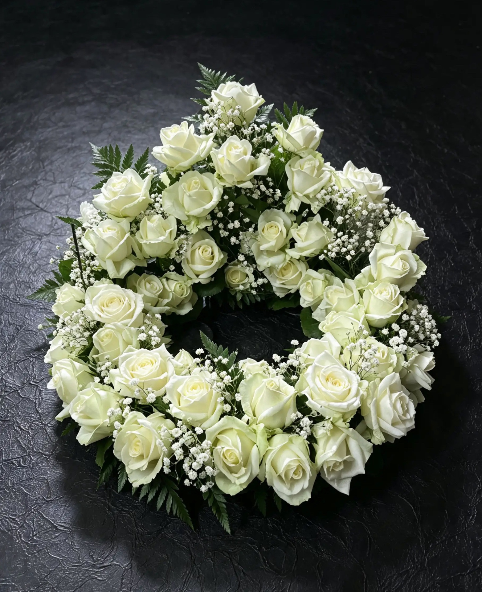 Erhöhter Urnenkranz aus weißen Rosen und Schleierkraut