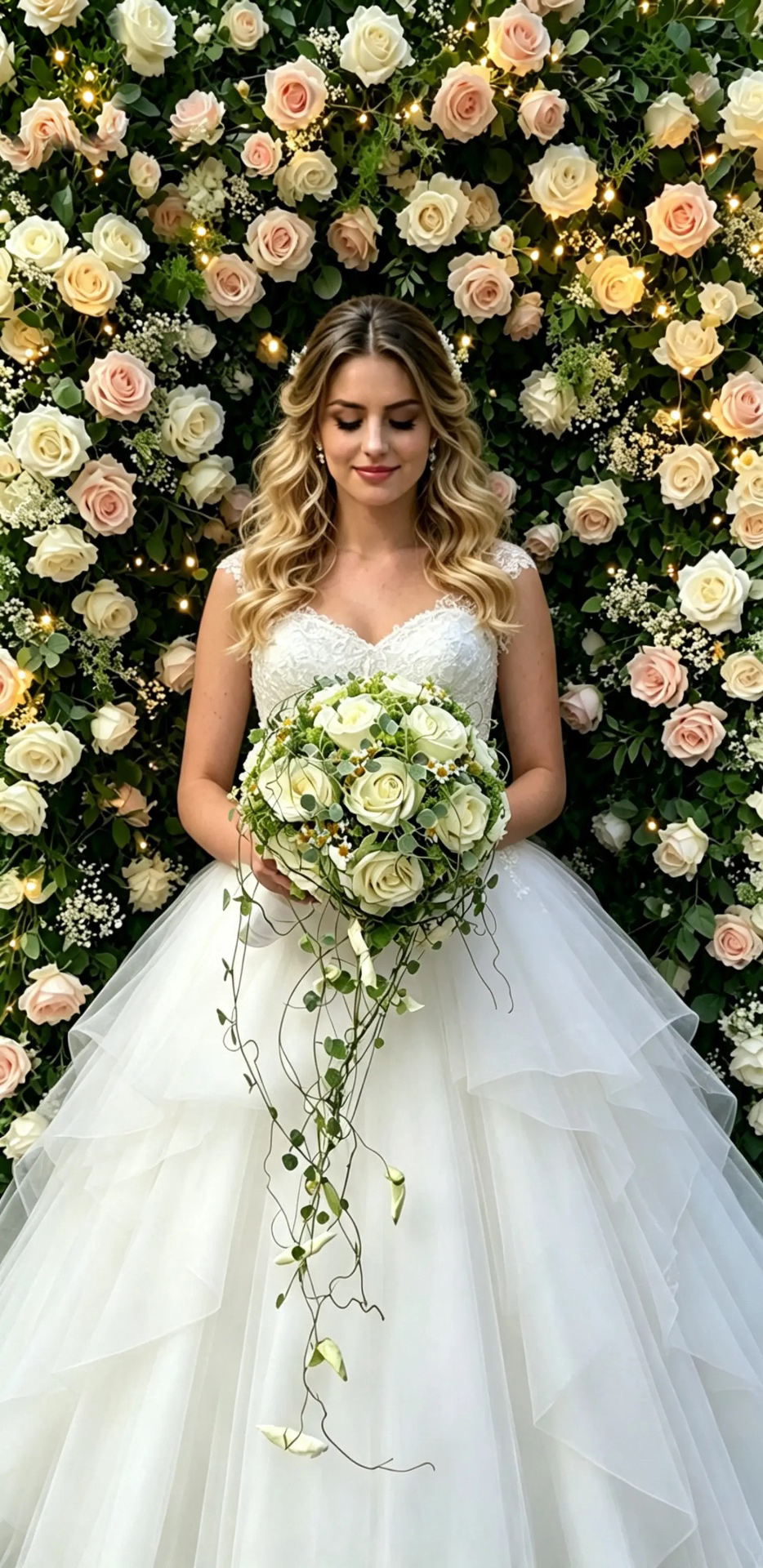 Braut vor einer Rosenwand mit weißem Brautstrauß und feinen Ranken