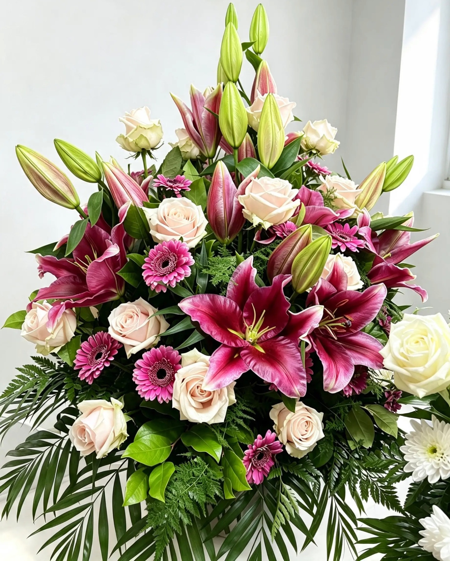 Kirchenschmuck mit pinkfarbenen Lilien, Rosen und Gerbera