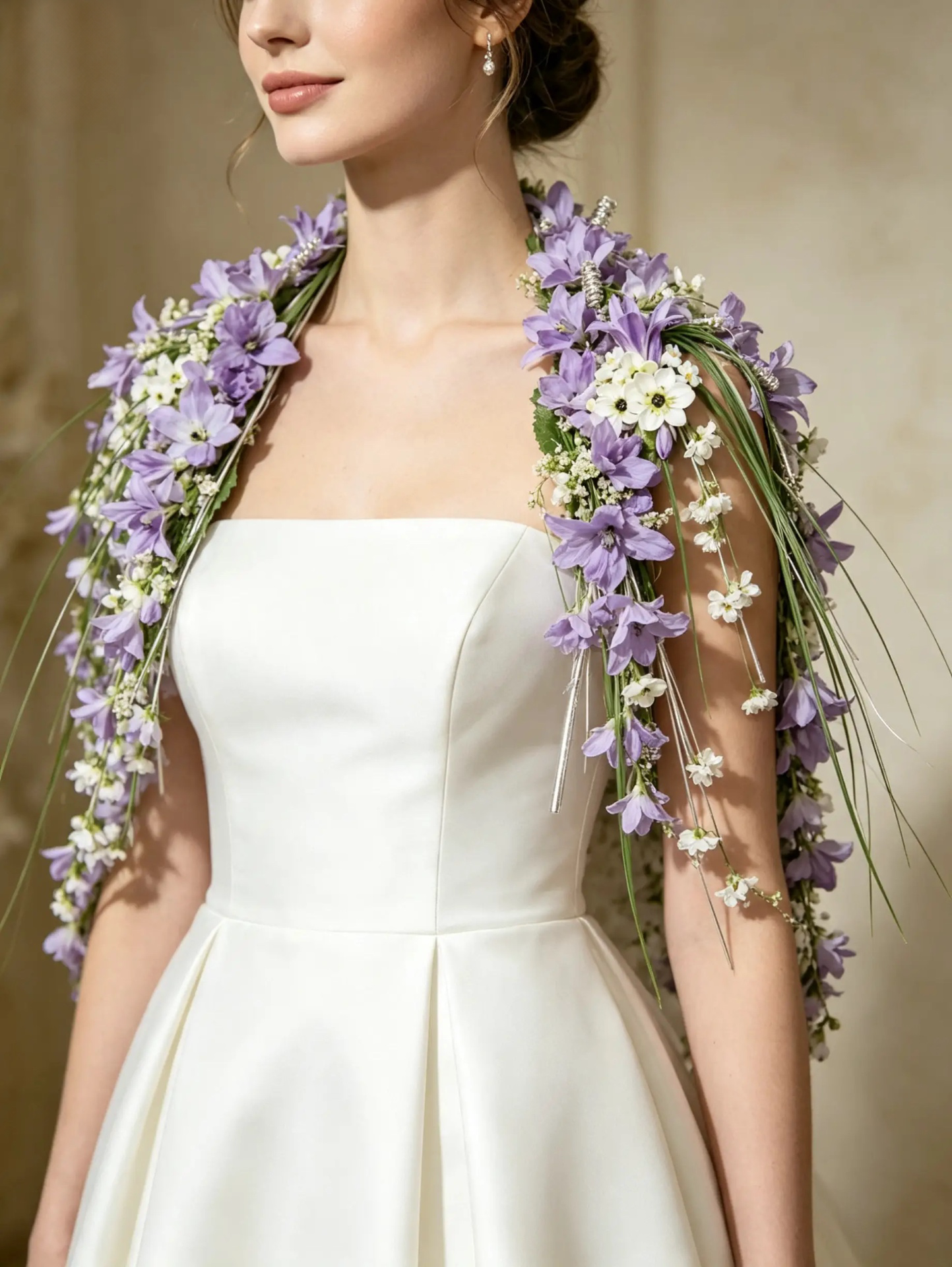 Braut mit fließendem Schulterschmuck aus violetten und weißen Blüten