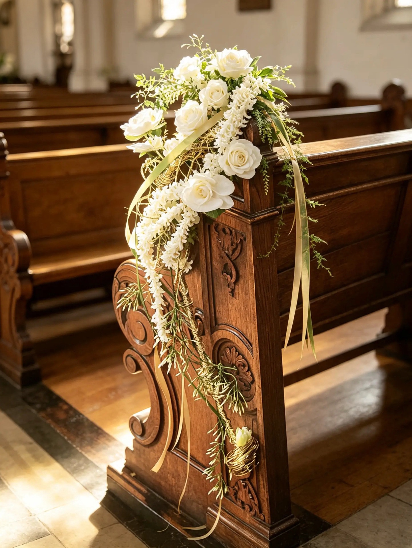 Kirchenbankschmuck aus weißen Rosen, Blütenranken und cremefarbenen Bändern