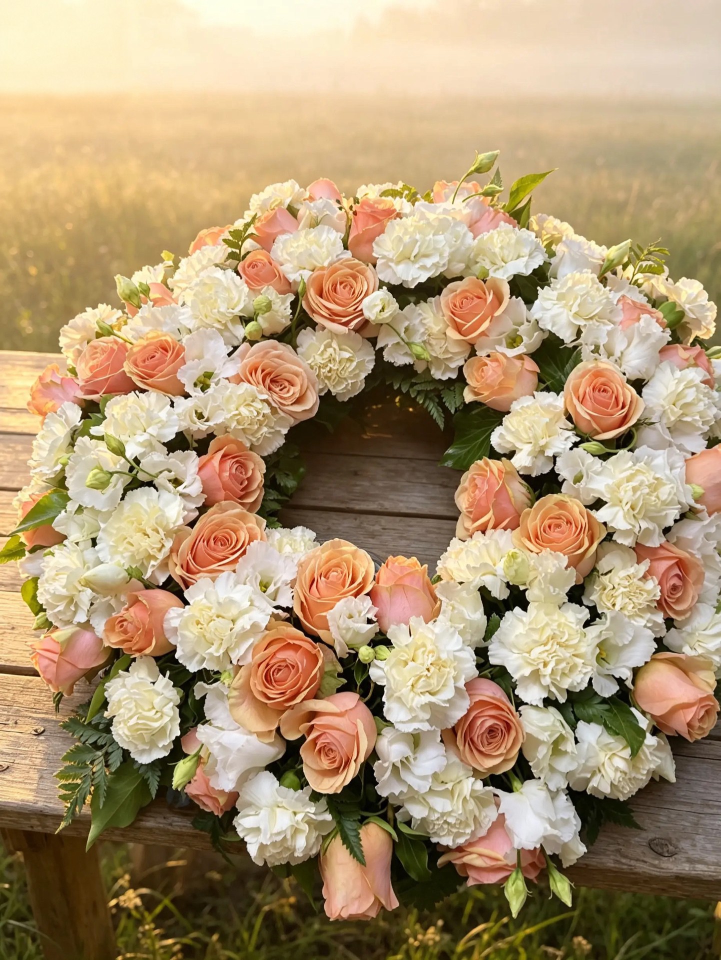 Zarter Trauerkranz aus pfirsichfarbenen Rosen und weißen Blüten im Morgenlicht