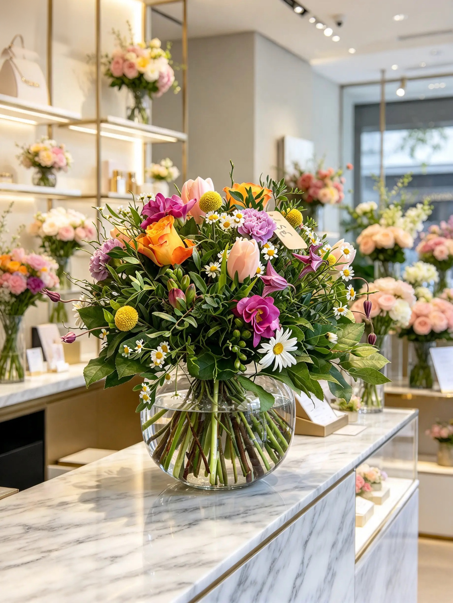 Mittelgroßer runder Strauß mit orangefarbenen Rosen, Tulpen und gelben Blüten im runden Glas