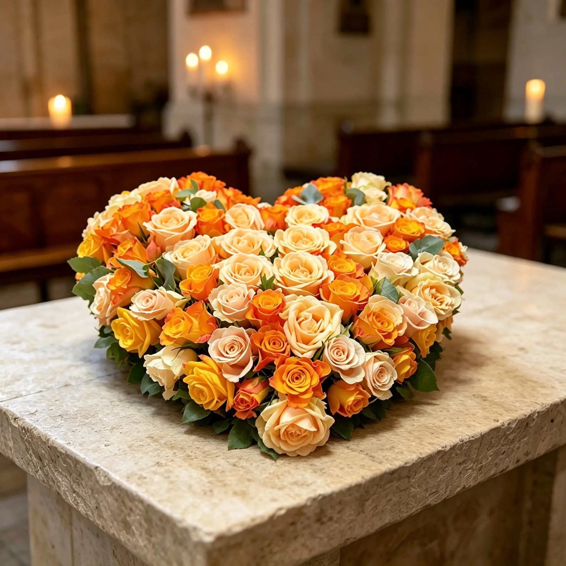 Geschlossenes Herz aus Rosen in Orange, Gelb und Creme
