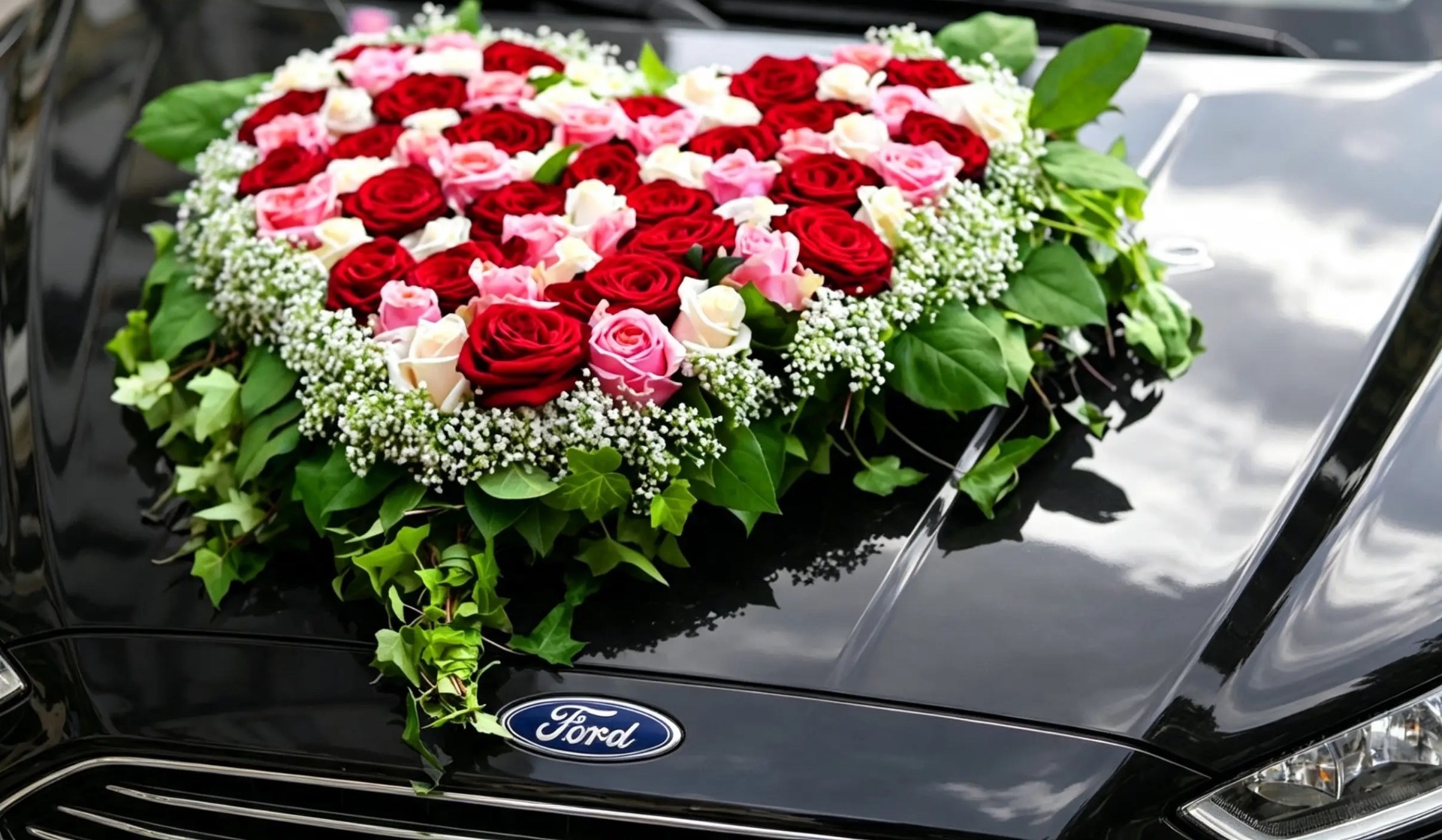 Herz aus roten, rosa und cremefarbenen Rosen auf einer schwarzen Motorhaube