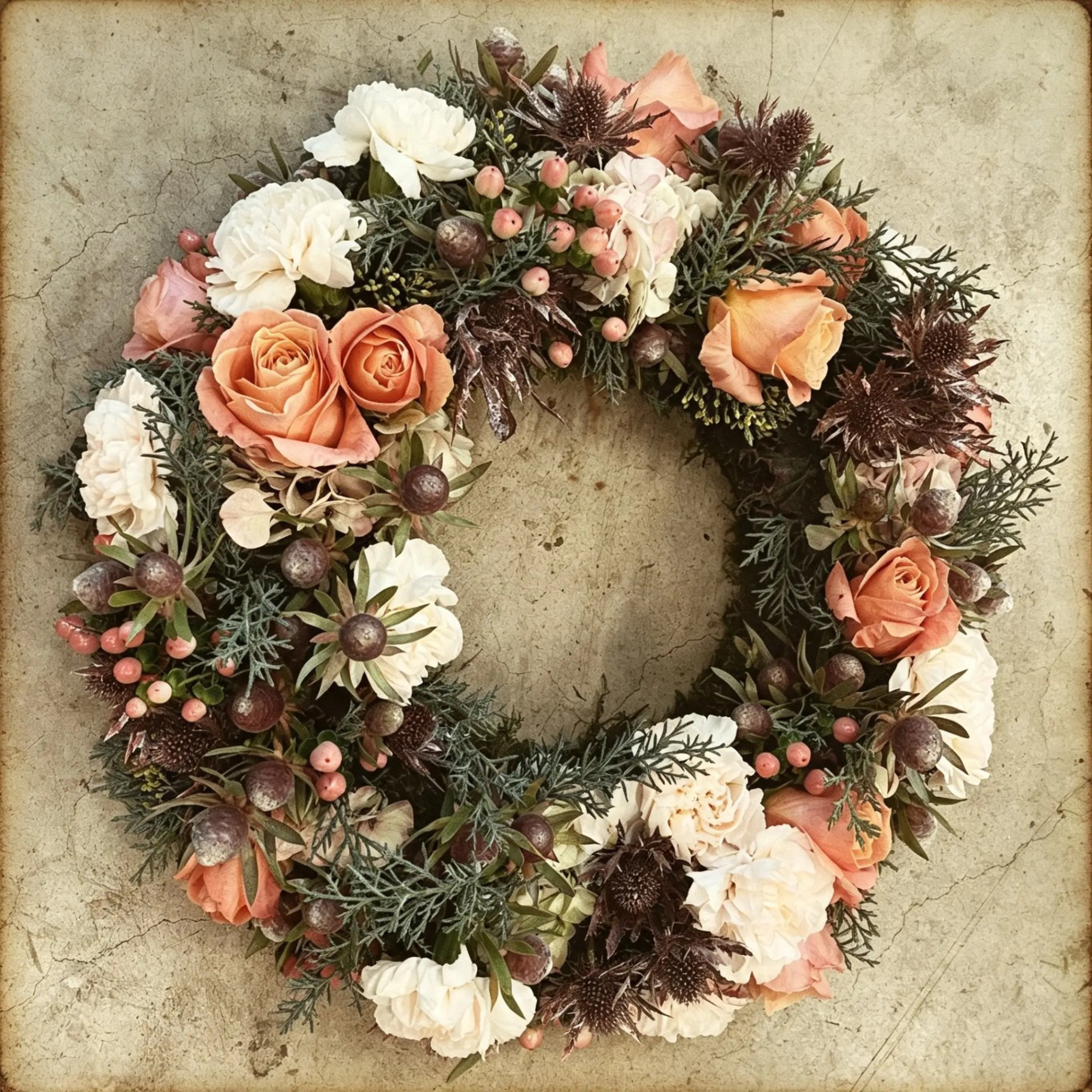 Natürlicher Trauerkranz aus pfirsichfarbenen Rosen, weißen Blüten, Disteln und Beeren