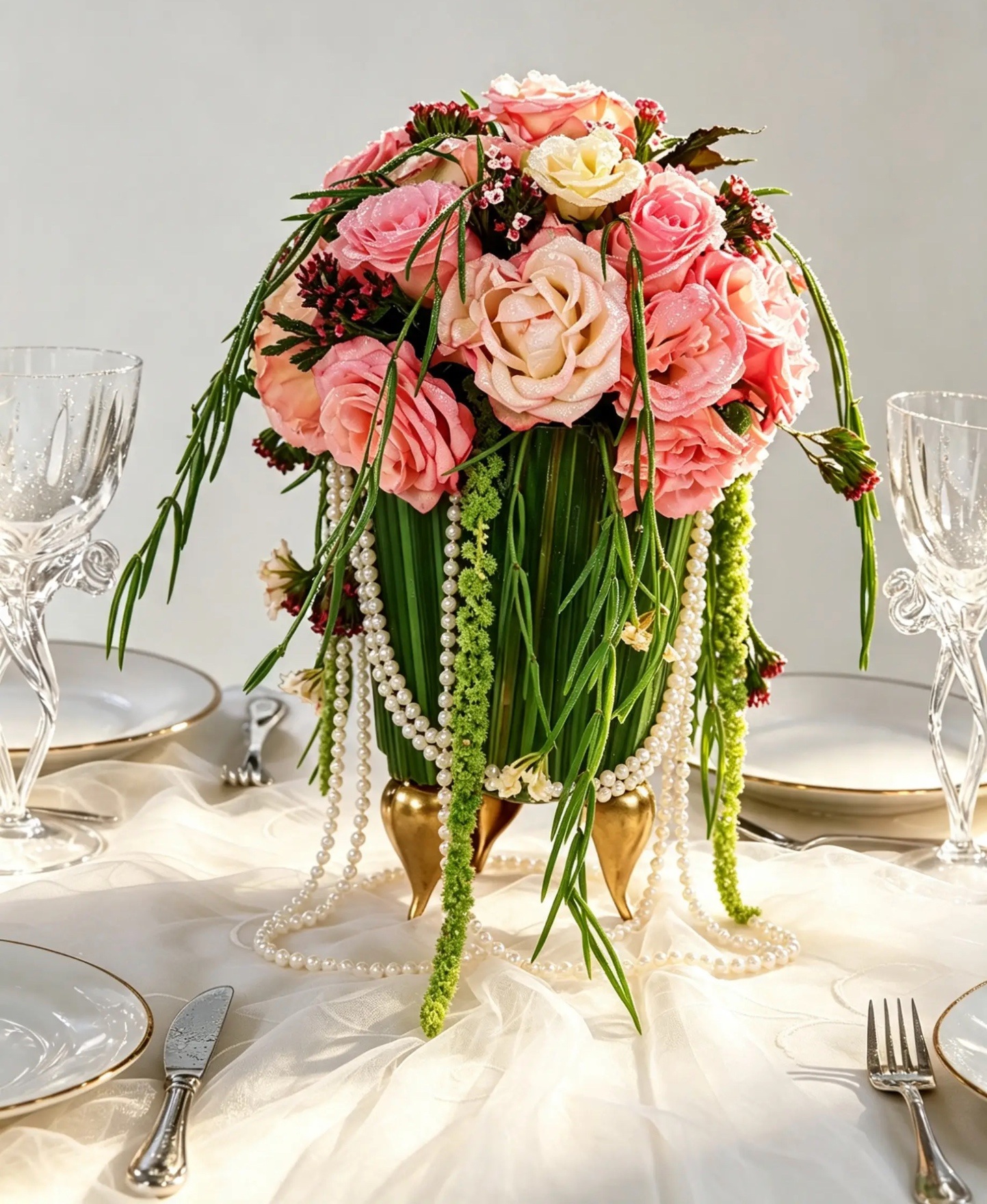 Extravagantes rosa Rosenarrangement mit langen grünen Ranken und Perlen