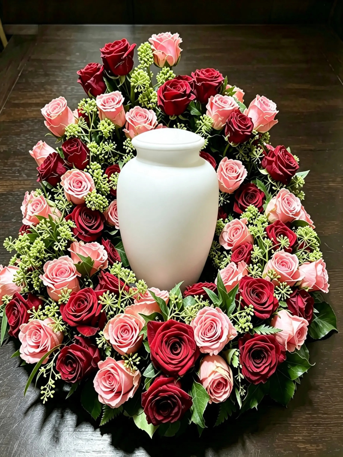 Erhöhter Urnenkranz aus rosa und burgunderfarbenen Rosen mit weißer Urne