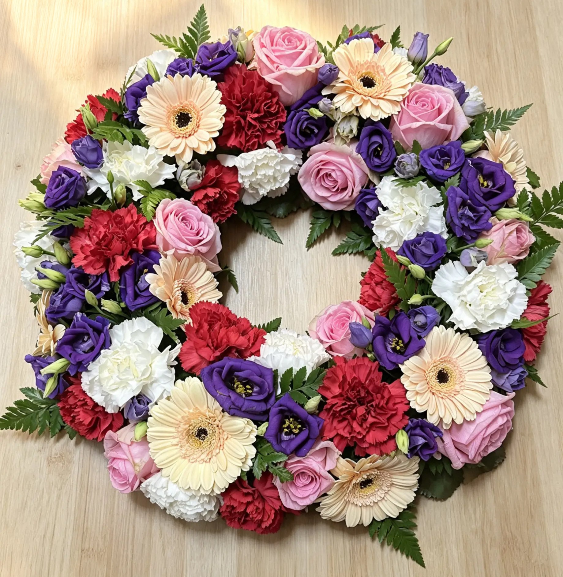 Trauerkranz mit rosa Rosen, cremefarbenen Gerbera, roten Nelken und violetten Blüten