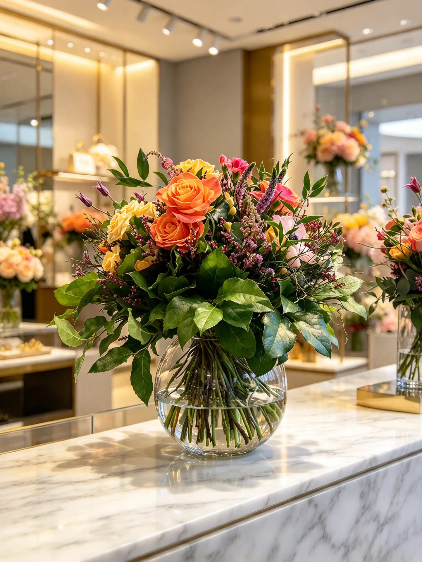 Mittelgroßer runder Strauß mit korallfarbenen Rosen, gelben Rosen und purpurnen Blüten im runden Glas