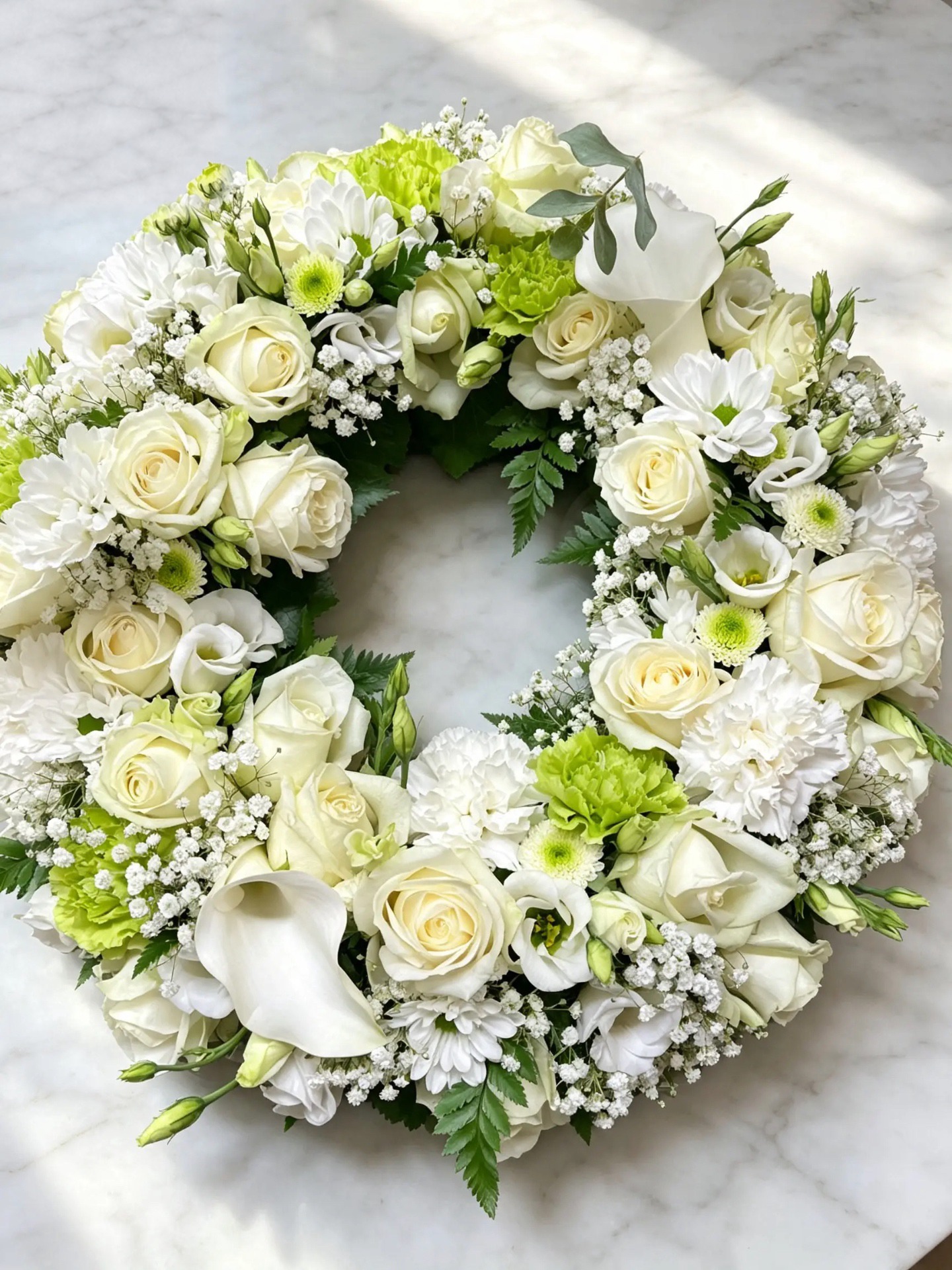 Weiß-grüner Trauerkranz mit Rosen, Callas und Schleierkraut