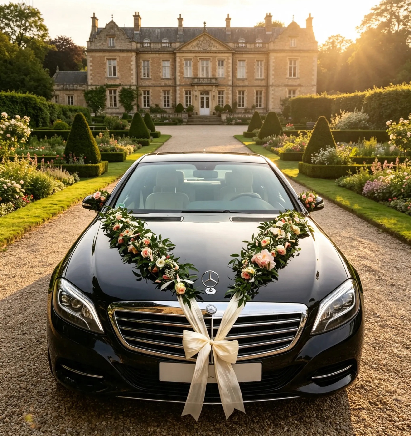 V-förmiger Autoschmuck aus Rosen und Grün mit cremefarbener Schleife
