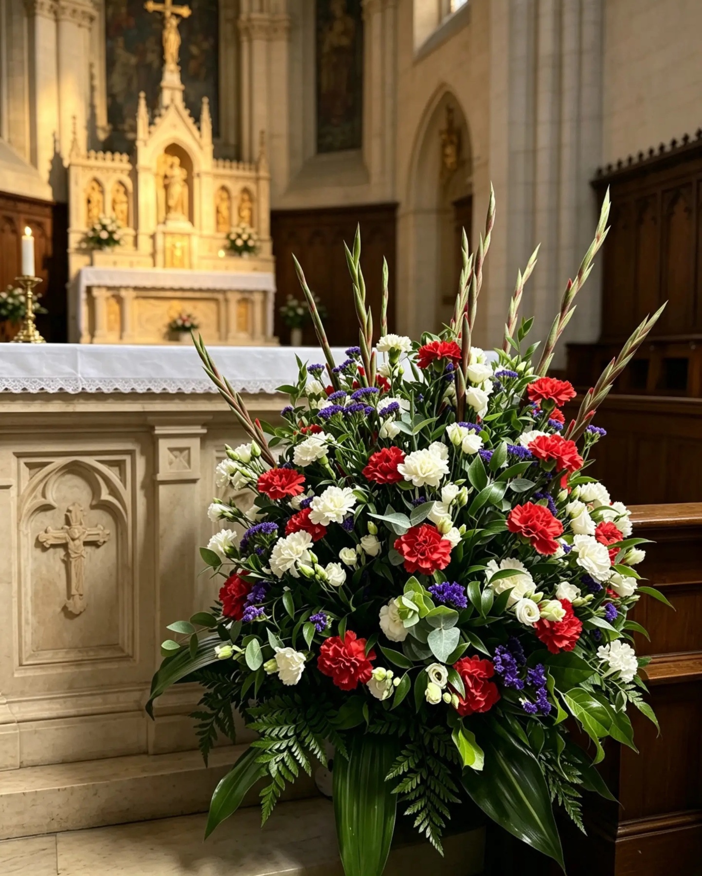 Großer Kirchenschmuck in Rot, Weiß und Violett vor dem Altar
