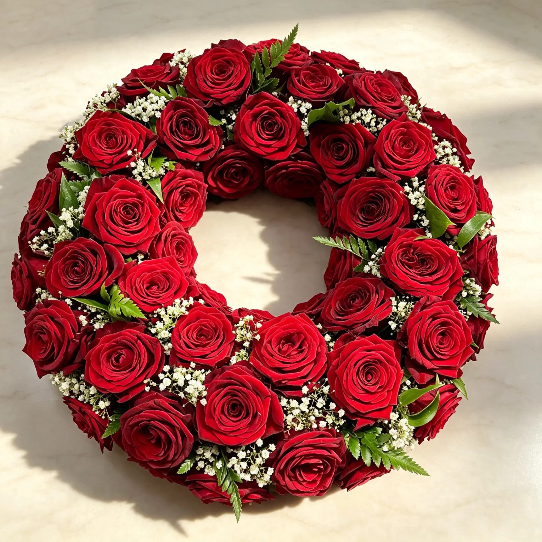 Dichter Trauerkranz aus tiefroten Rosen mit Schleierkraut