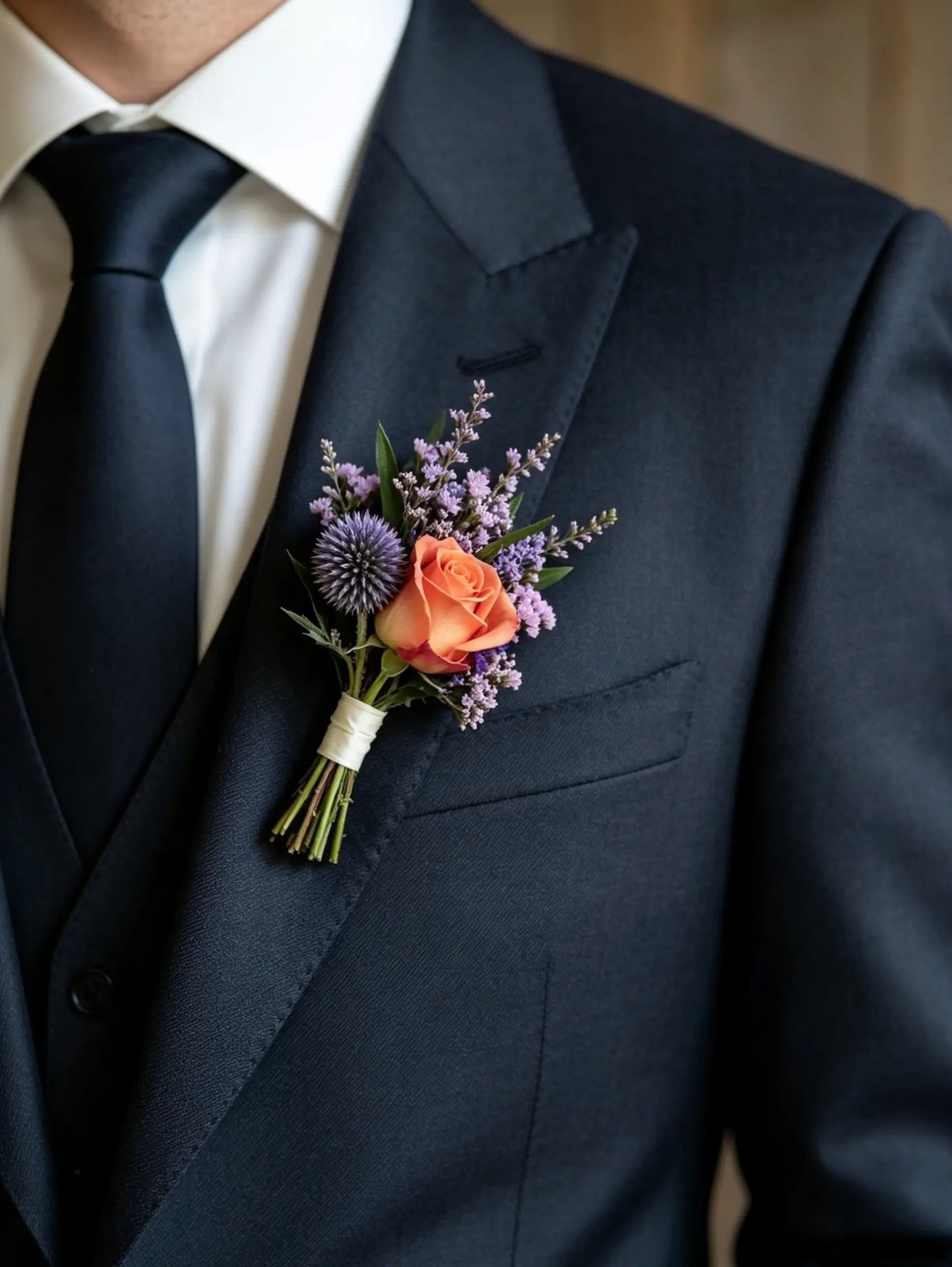 Bräutigam-Anstecker mit apricotfarbener Rose, Lavendel und Distel