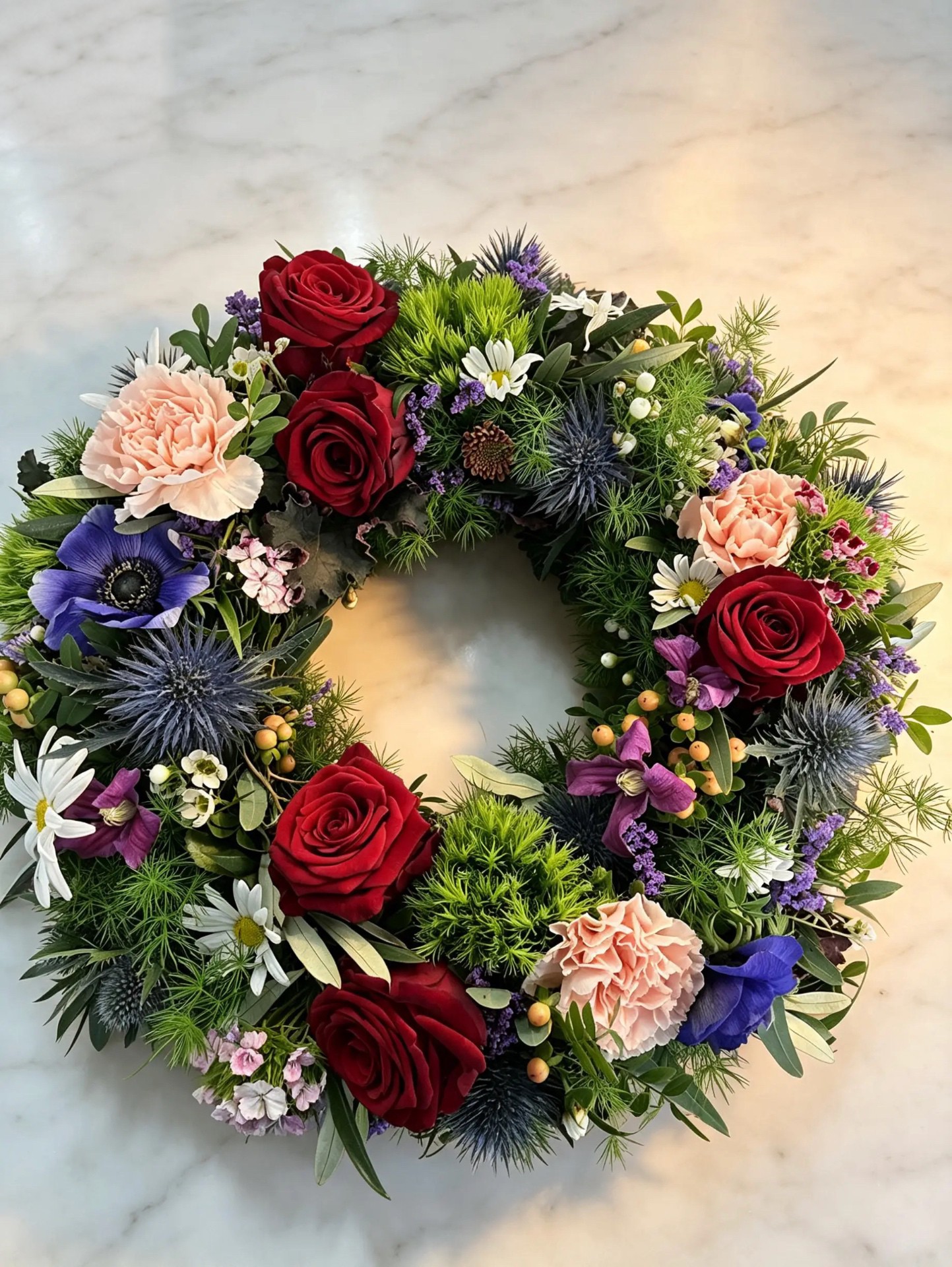 Trauerkranz mit roten Rosen, pfirsichfarbenen Blüten, violetten Anemonen und Disteln