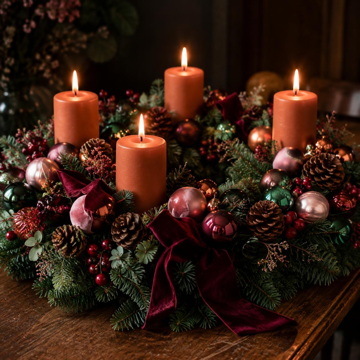 Festlicher Adventskranz mit Terrakotta-Kerzen und Beerenrot