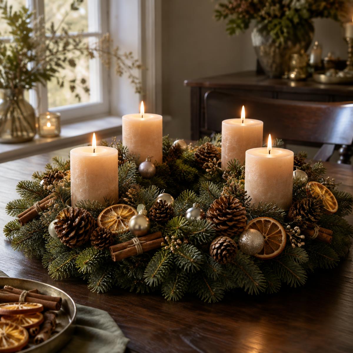 Natürlicher Adventskranz mit Tanne, Zapfen, Zimt und Orangenscheiben