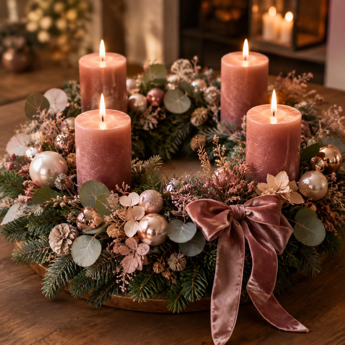 Adventskranz in Altrosa mit Samtschleife und Perlmuttkugeln