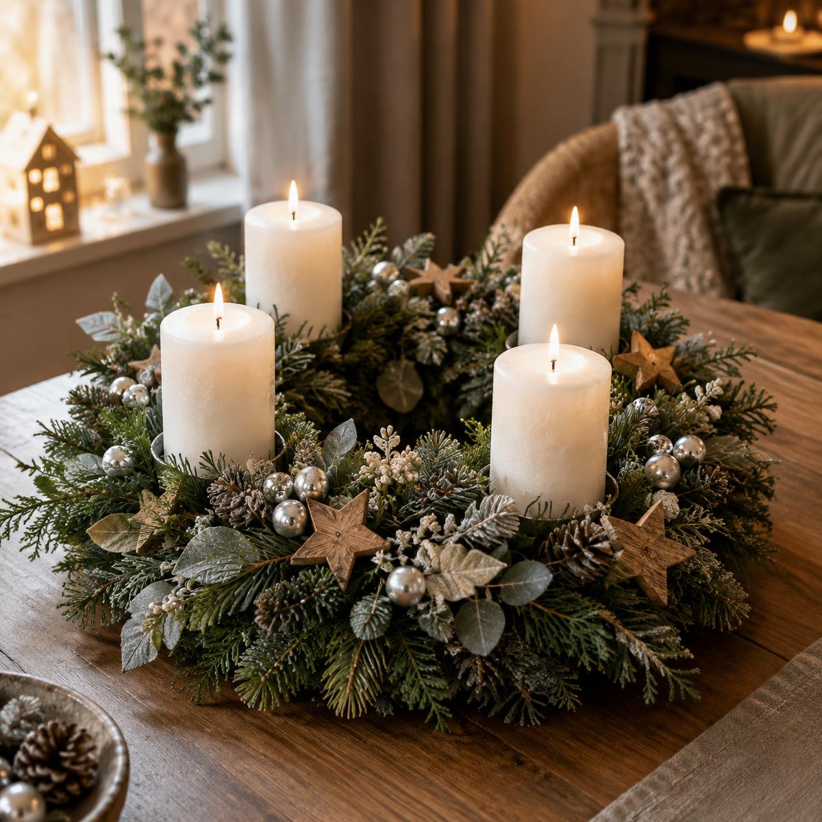 Adventskranz in Salbeigrün mit weißen Kerzen und Holzsternen