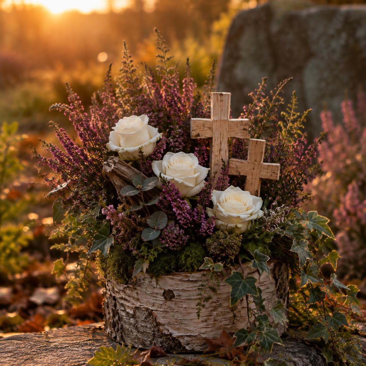 Gesteck in Birkenrinde mit Holzkreuzen, Rosen und Erika