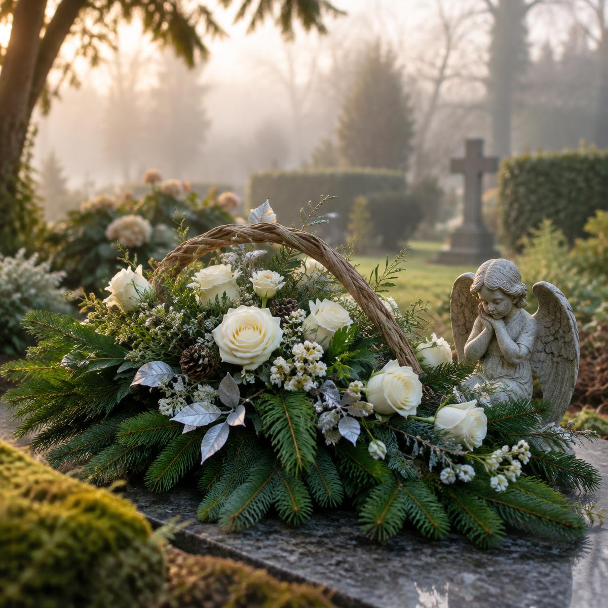 Grabgesteck mit weißen Rosen, Tanne und Engelfigur