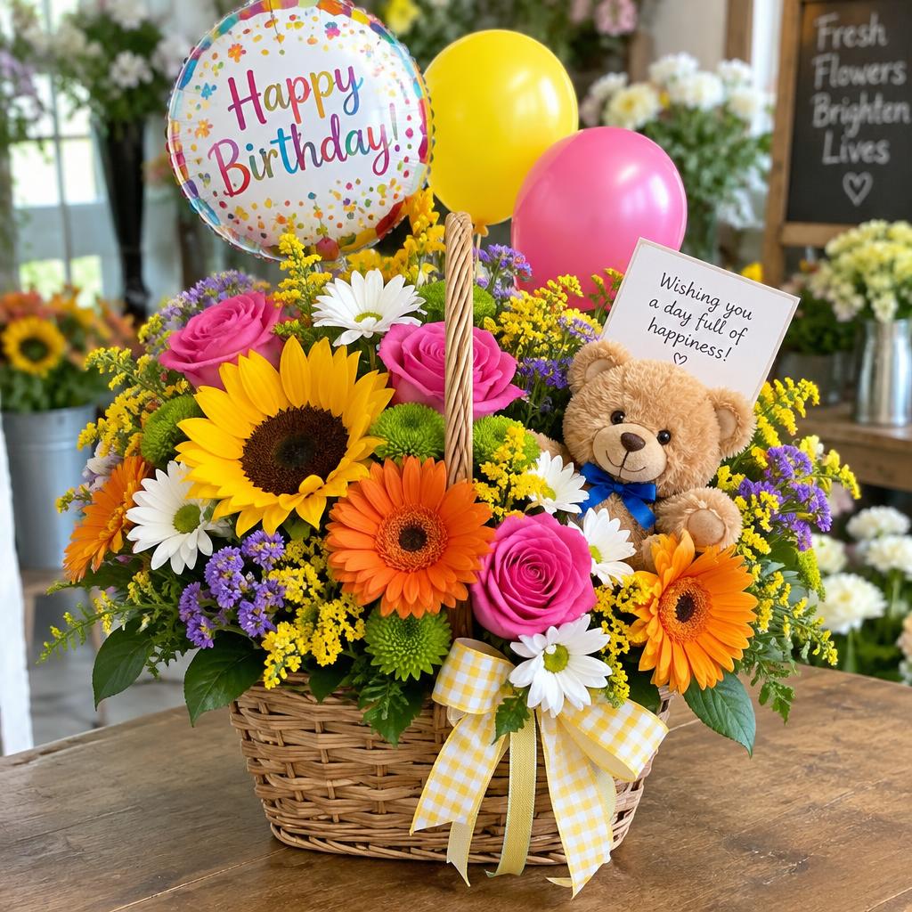 Geburtstagskorb mit Blumen, Luftballons und Teddy