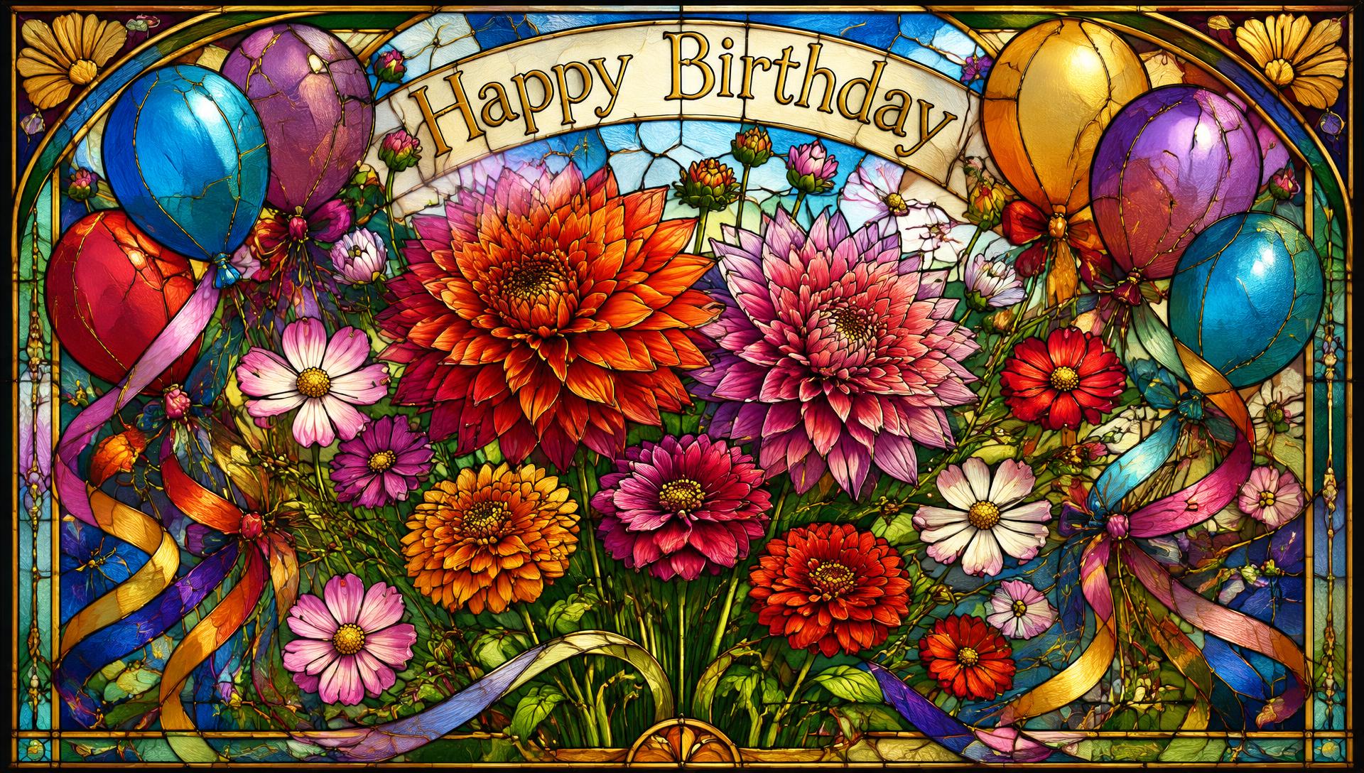 Jugendstil-Glasfenster mit bunten Geburtstagsblumen und Luftballons
