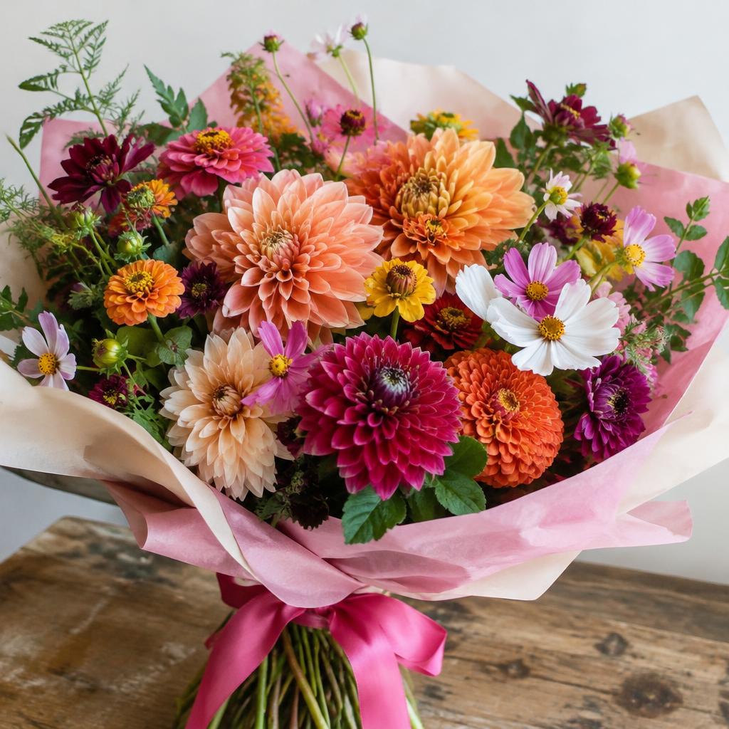 Bunter Geburtstagsstrauß mit Dahlien, Zinnien und Kosmeen