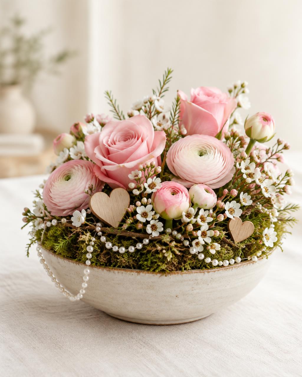 Muttertagsgesteck mit Rosen, Ranunkeln, Holzherzen und Perlen