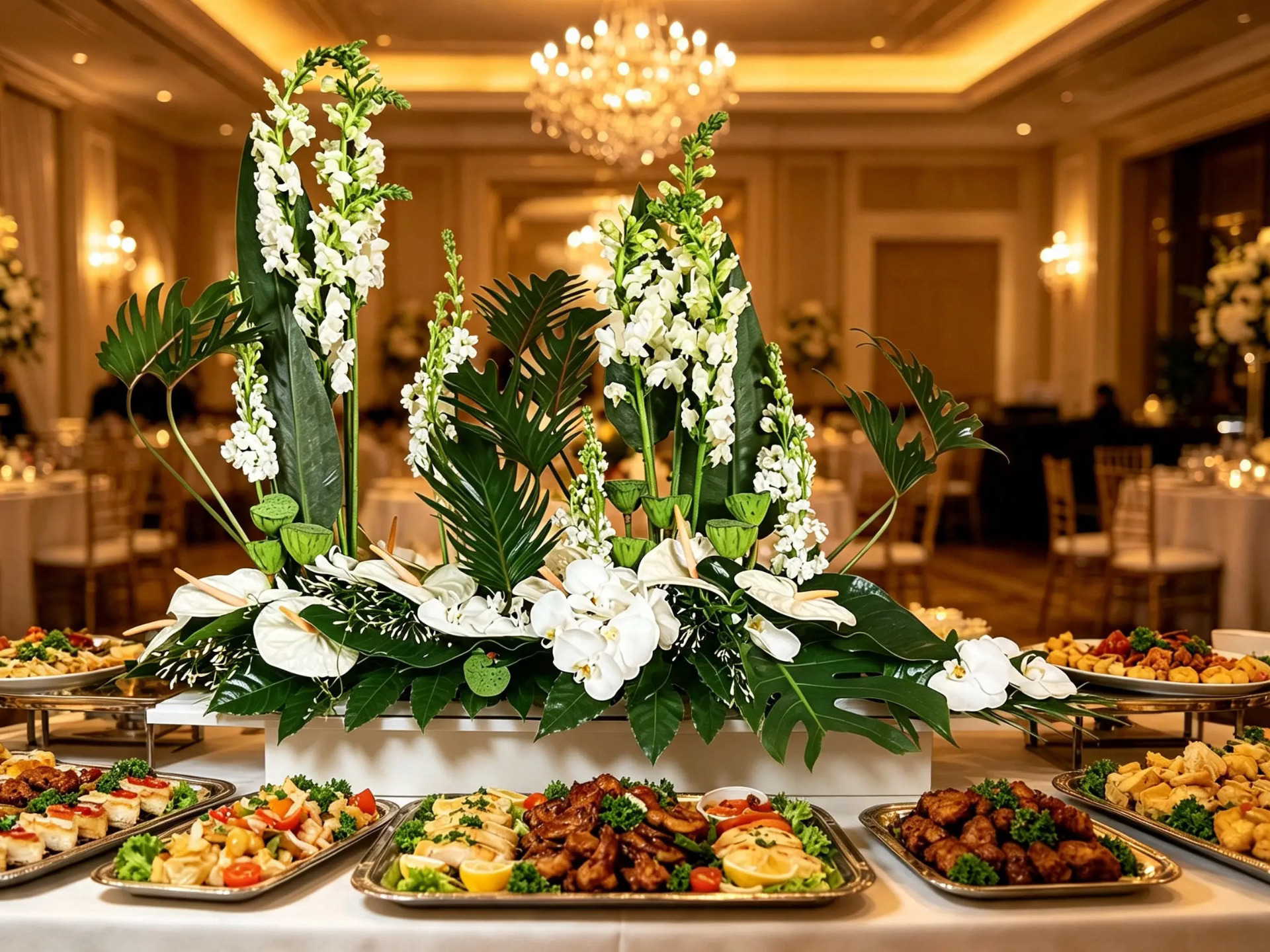 Großes weiß-grünes Blumenarrangement als festlicher Mittelpunkt eines Hochzeitsbuffets