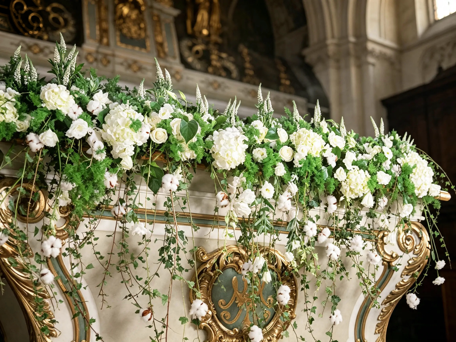 Üppiger weiß-grüner Blumenschmuck mit langen Ranken an einer historischen Empore