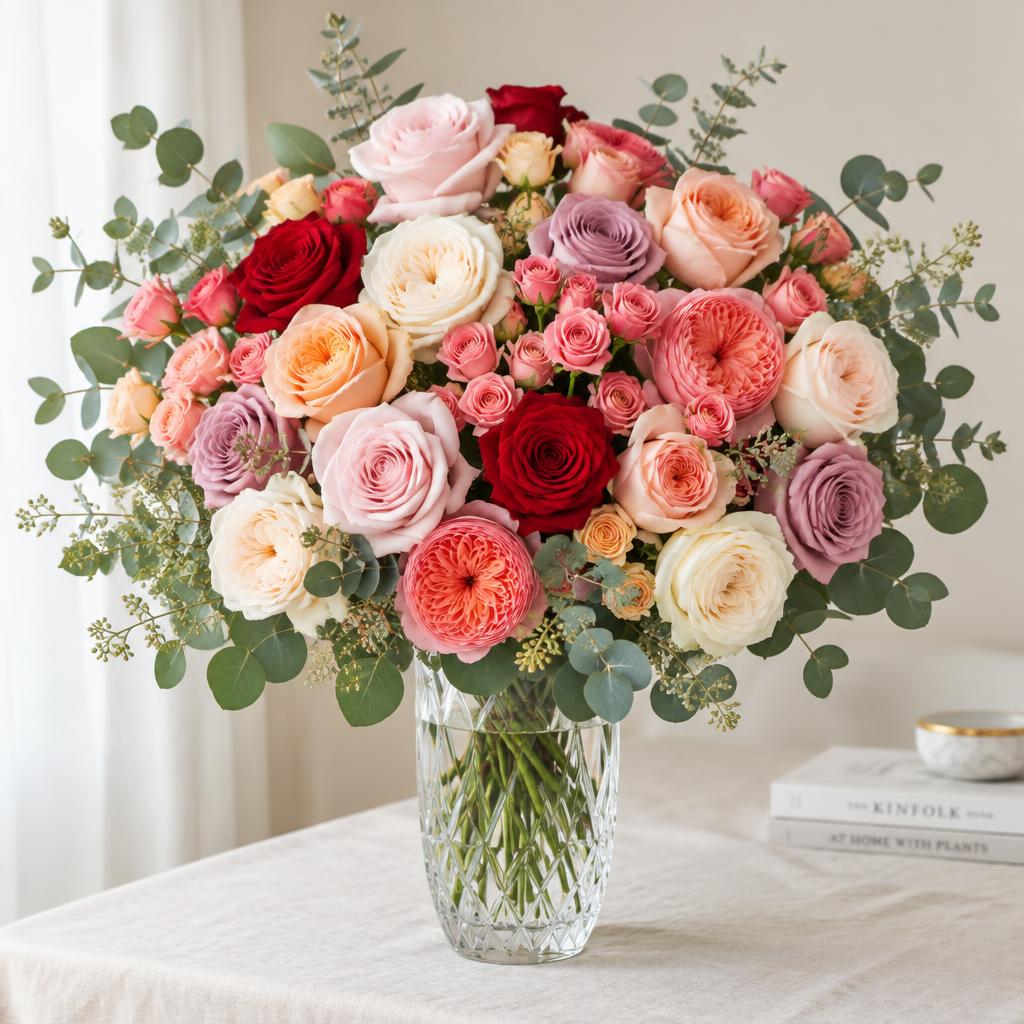 Strauß aus verschiedenfarbigen Rosensorten in einer Kristallvase