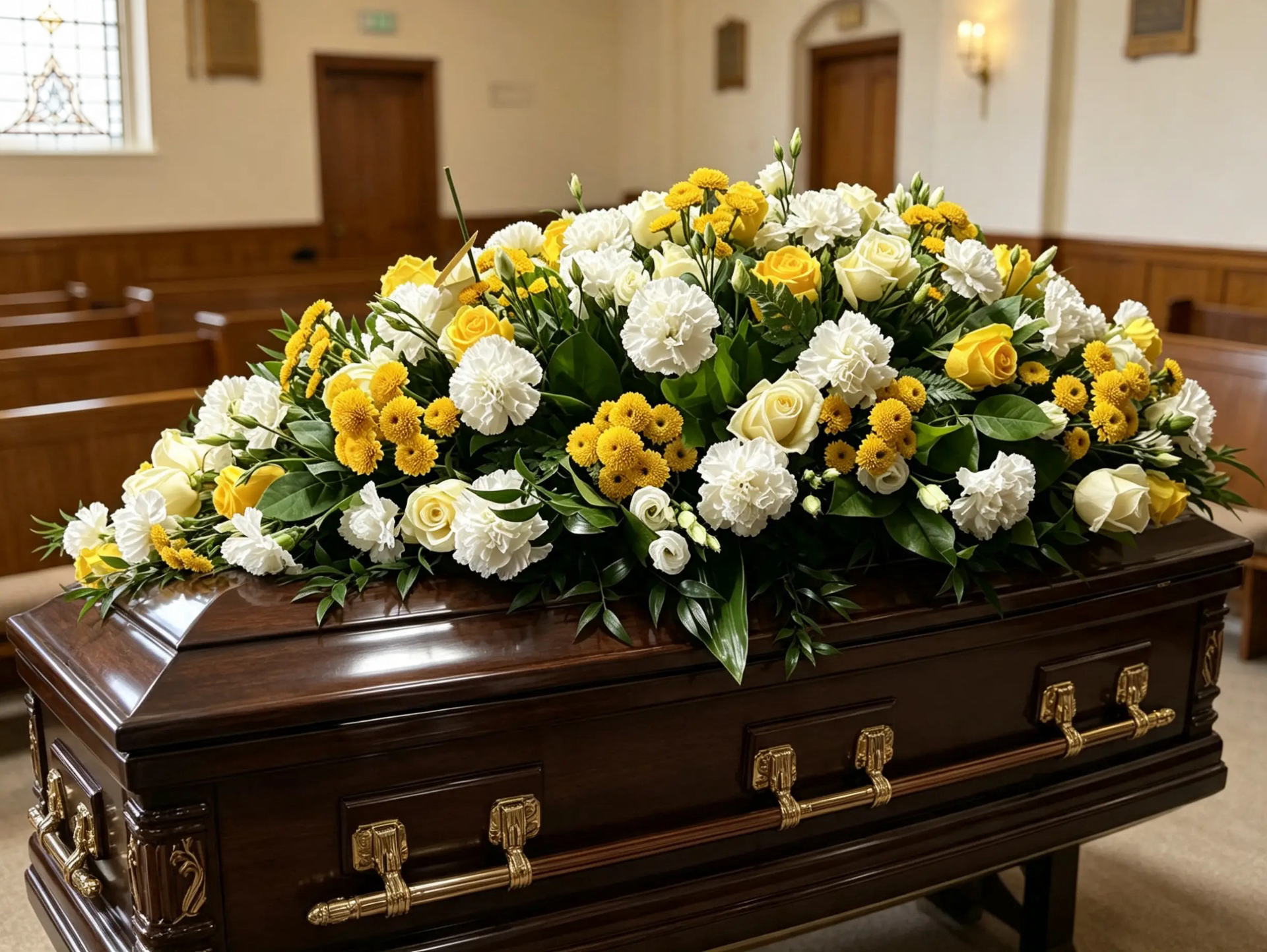 Sargschmuck in Gelb und Weiß mit Rosen, Nelken und Chrysanthemen
