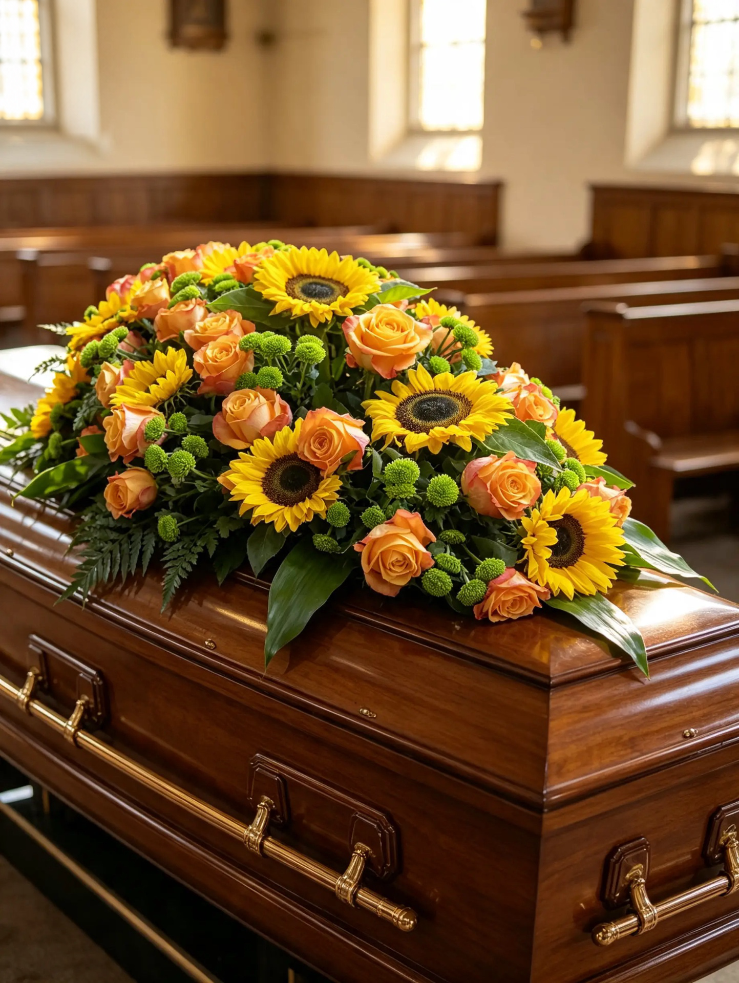 Sargschmuck mit Sonnenblumen, orangefarbenen Rosen und grünem Beiwerk